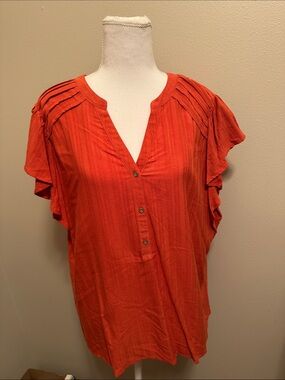 NEW Knox Rose Orange Flutter-Sleeve Henley Blouse - Large